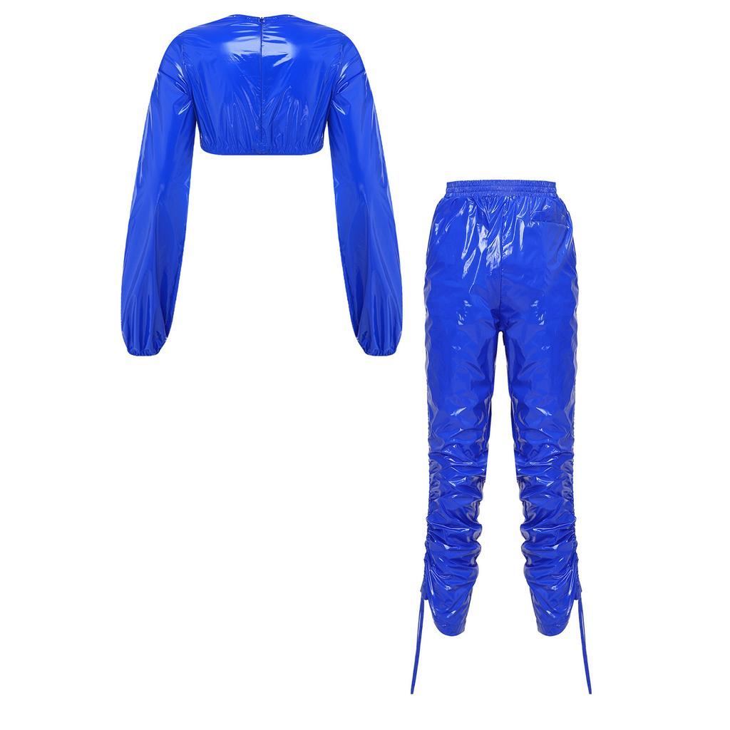 Waterproof Vinyl Long Sleeve Crop Top and Elastic Waist Capri Pants Set with Back Zipper Side Drawstrings for Women Fitness Workout