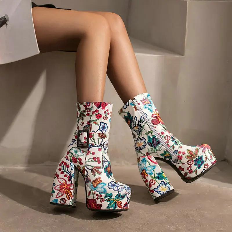 Fashion Women short boots autumn winter flower embroidery thick heel ultra-high heel belt buckle waterproof platform women's ankle boots