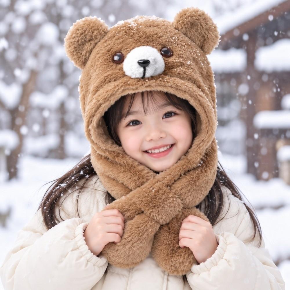 Windproof Fluffy Winter Beanie Hat Soft Bear Earmuffs Hat Cute Kids Integrated Scarf Hat Unisex