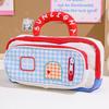 Cute House-themed Handheld Pencil Case, Checkered Print Multi-pocket Stationery Bag