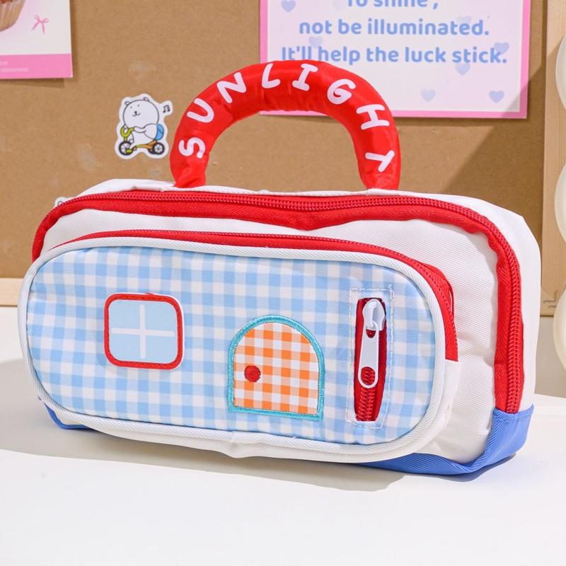 Cute House-themed Handheld Pencil Case, Checkered Print Multi-pocket Stationery Bag красный