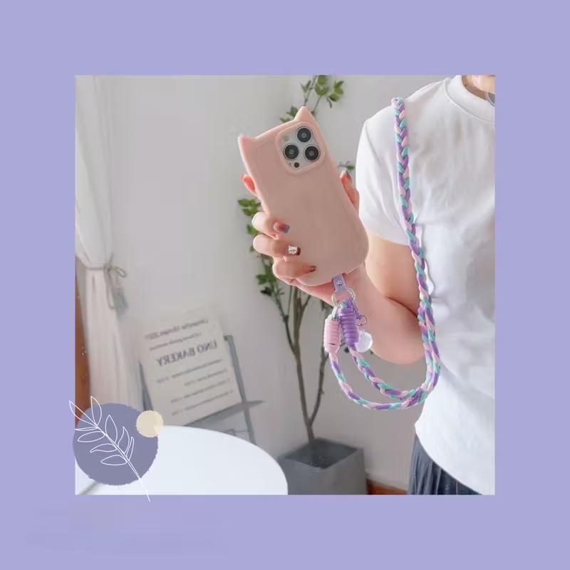 anti loss mobile phone lanyard woven universal slanted back phone case hanging chain with card clip and heart-shaped pendant 1 piece Accessories