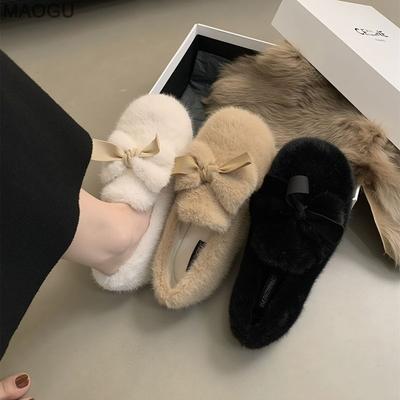 2026 Winter Women's Plush Soft Sole Slip On Shoes Fur Lined Bow Ballet Flats Cozy Driving Loafers Cute Casual Moccasins Ladies
