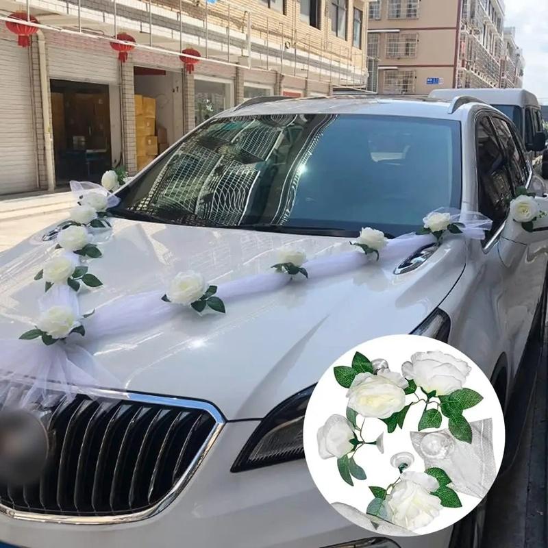 Soft Organza Tulle White Silk Rose Garland Romantic Wedding Car Front Hood And Door Handle Decoration Accessory