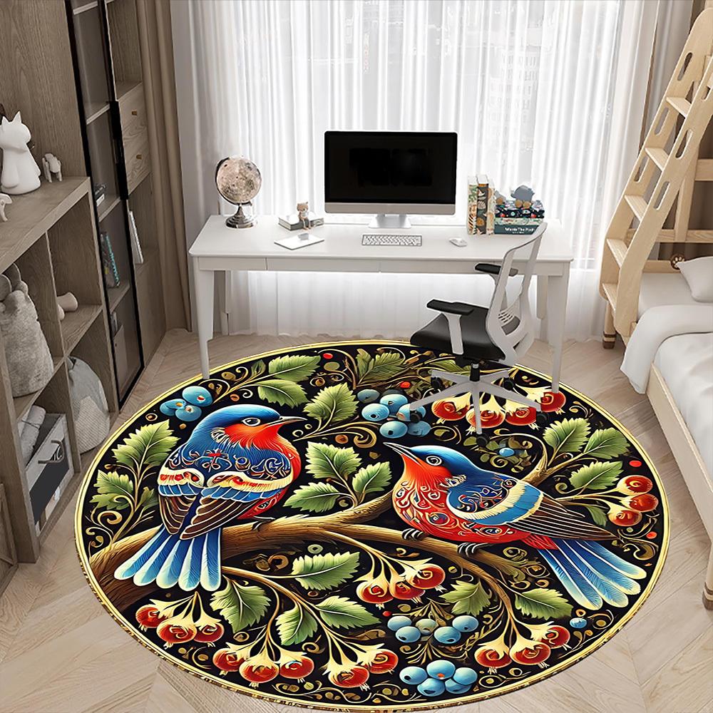 1pc Ornate Birds Carpet, Round Non Slip Durable Large Size Office Carpet, Suitable for Office