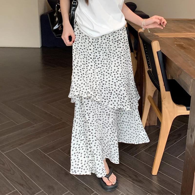Koreanischer Retro Kleiner Blumenrock für Damen im Sommer Neu Seitenschlitz Elastischer Hoher Bund A-Linie Kuchen Langer Rock