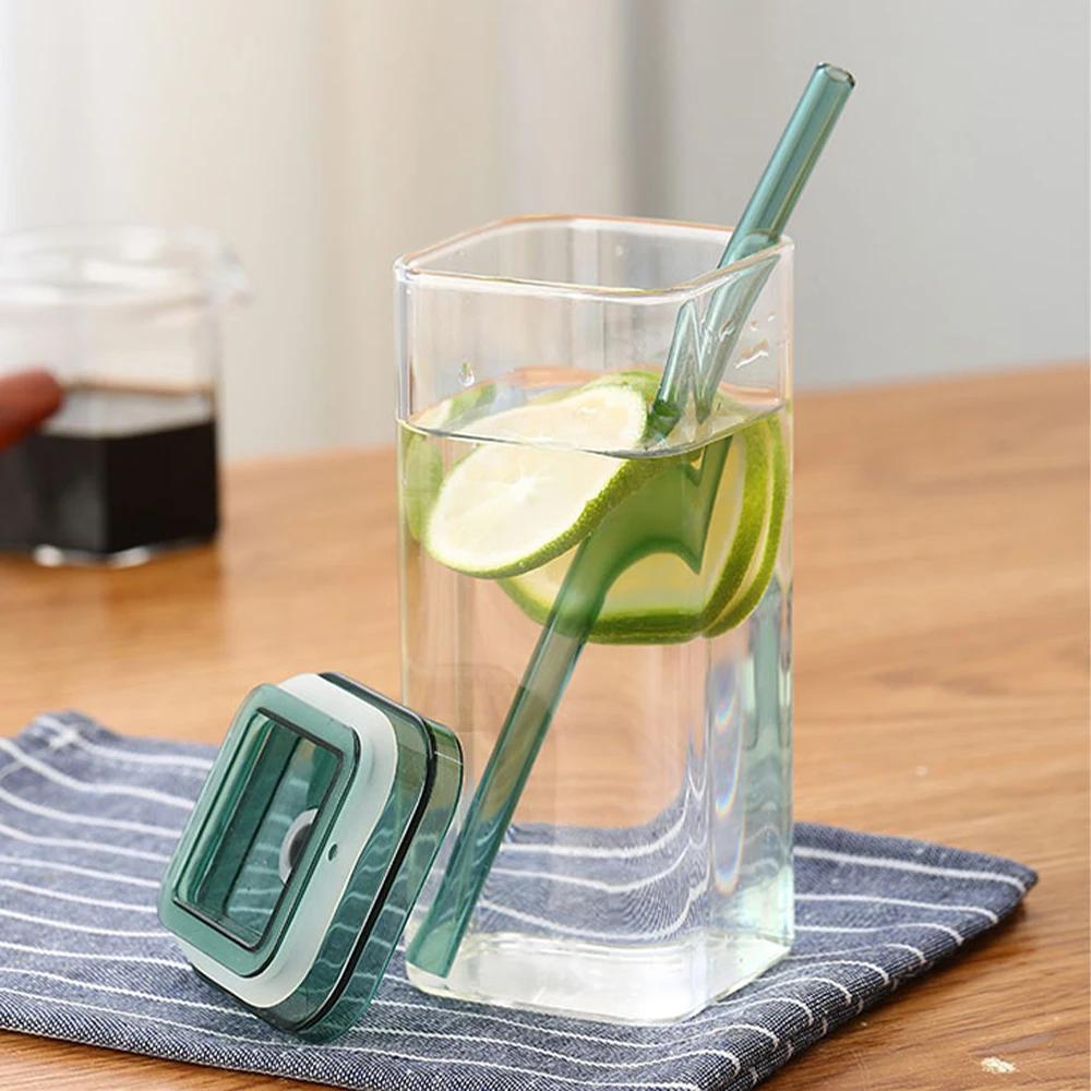 350ml Square Coffee Glass Cup With Lid and Straw Heat Resistant Ice Coffee Mug Breakfast Milk Cup Transparent Beer Cup Drinkware