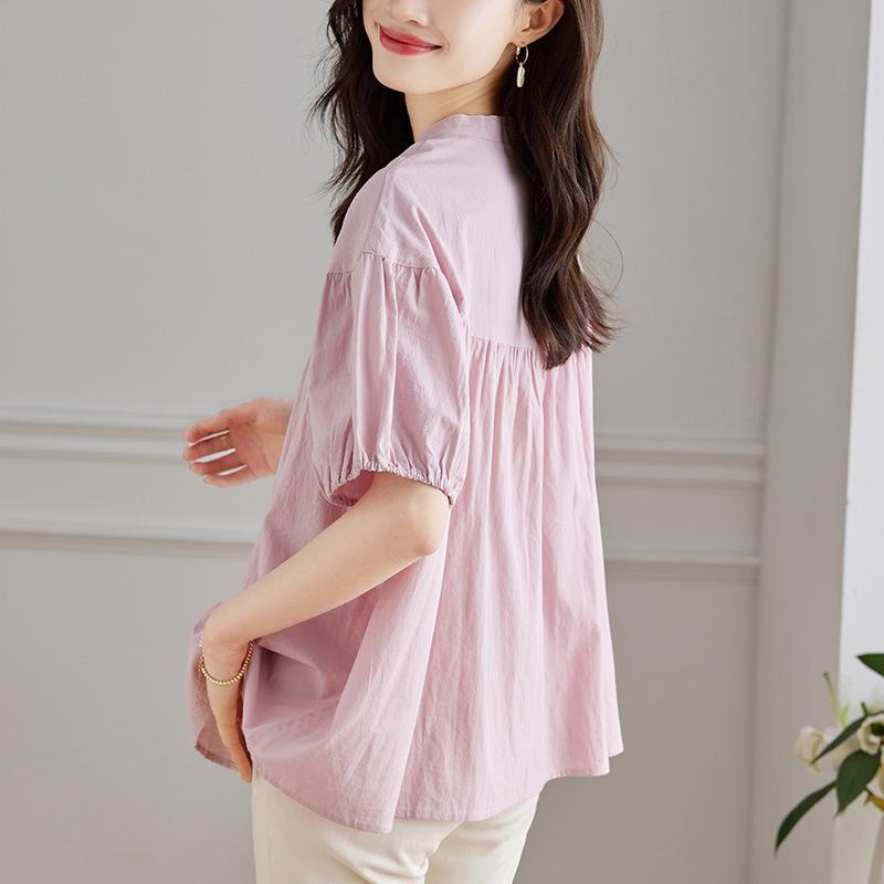 Pink Shirt for Women's Short-sleeved Summer New Loose Age-reducing Pure Cotton Top Design Chic Shirt
