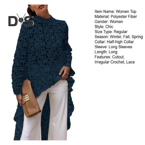 Women Long Top Cutout Irregular Crochet Lace Floral Patchwork See-through Short Front And Long Back Blouse Half-High Collar Long Sleeve Dress