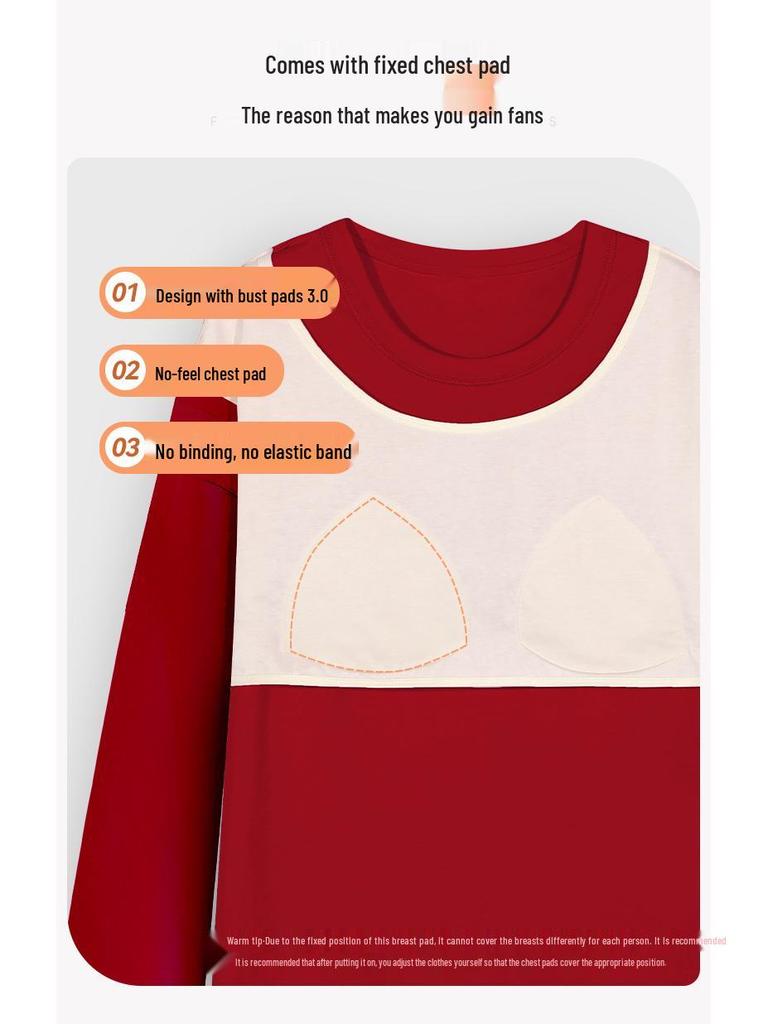 Women's Double-Sided Cotton Pajama Set with Chest Pads - Round Neck, Long Sleeve, Long Pants Pullover Style