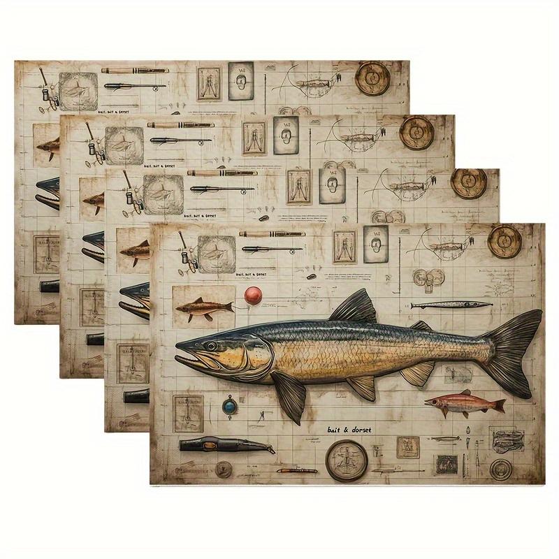 4pcs Linen Placemats Set, Fish Specimen and Fishing Gear Design, 12x18 Inches, Perfect for Kitchen & Dining Room Decor, Home Party Dinner Table