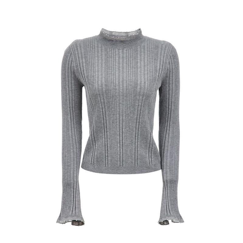 VEROMODA Women's Slim-Fit Wool Blend Knit Top with Decorative Collar