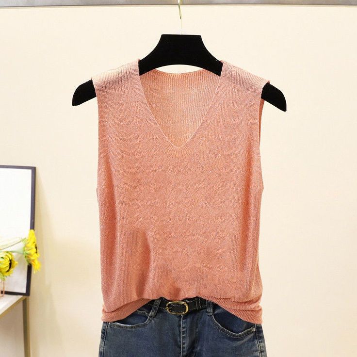 Loose Interior Plus Plus Sleeveless Ice Silk Knit Top with Rhinestones V-neck Camisole Women's Summer