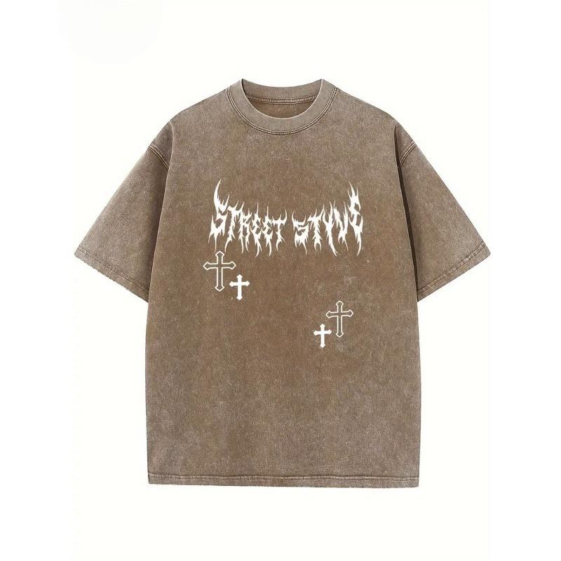European sizes Men's Washed T-Shirt with Street Stains Graphic & Cross Print - Relaxed Fit All-Season Casual Tee for Streetwear, Outdoor Activities