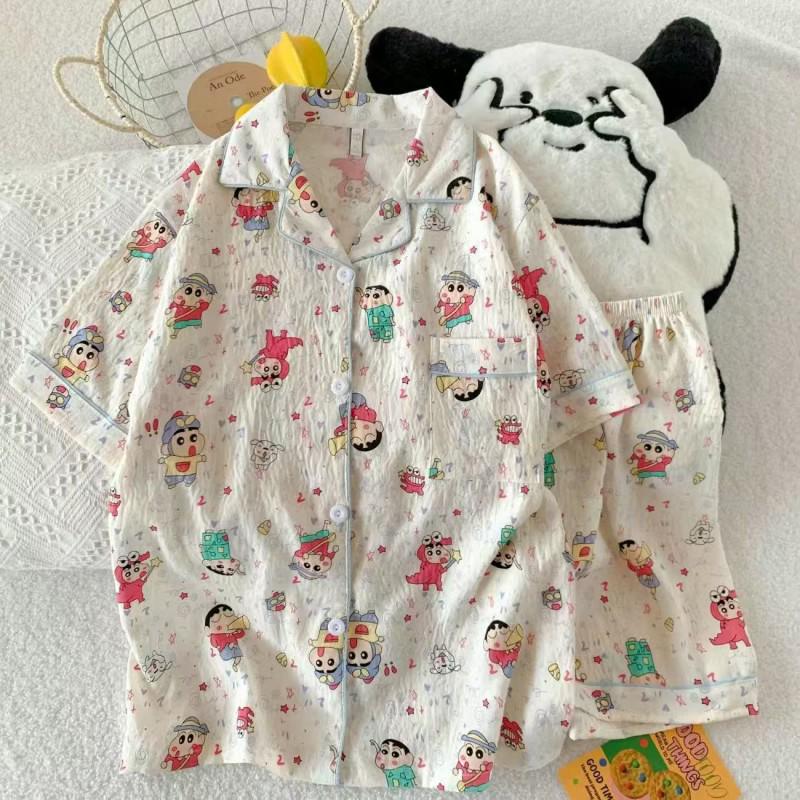 Women's Summer Cloud Cotton Pajama Set: Sweet Cute Cardigan with Short-Sleeved Top and Shorts.