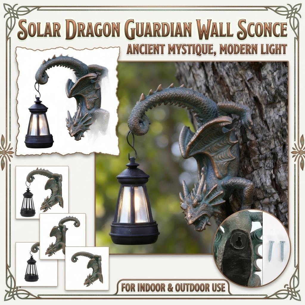 Solar Powered Dragon Wall Lantern Resin Sculpture Outdoor Garden Decorative Lighting Fixture for Patio Porch Yard Home Office