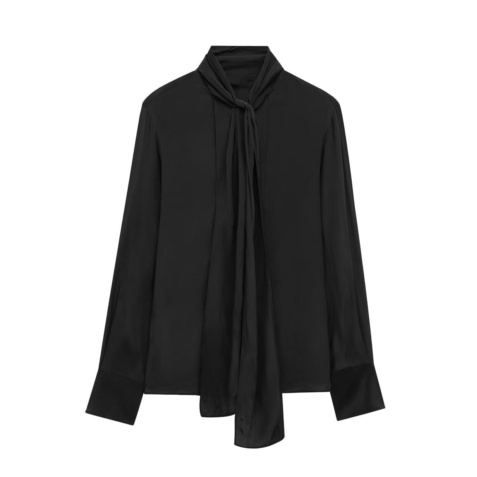 

2025 Весна Женская Повседневная Однотонная Блузка с Бантом Medium чёрный