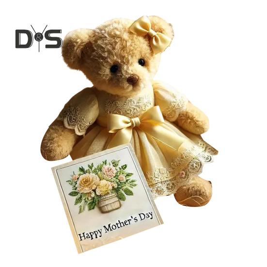 

Подарочная коробка с плюшевым мишкой на День матери, плюшевая игрушка для эмоциональной поддержки, кукла, элегантное кружевное платье ручной работы, медведь с открыткой, памятный подарок для мамы, бабушки жёлтый