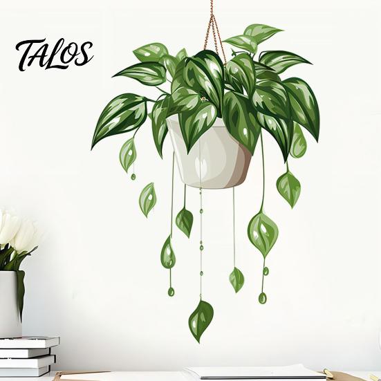 Easy Peel And Stick Home Decor Watercolor Potted Plant Wall Stickers, PVC Waterproof Hanging Pothos/Daisy Decals, Removable Green Leaf Stickers