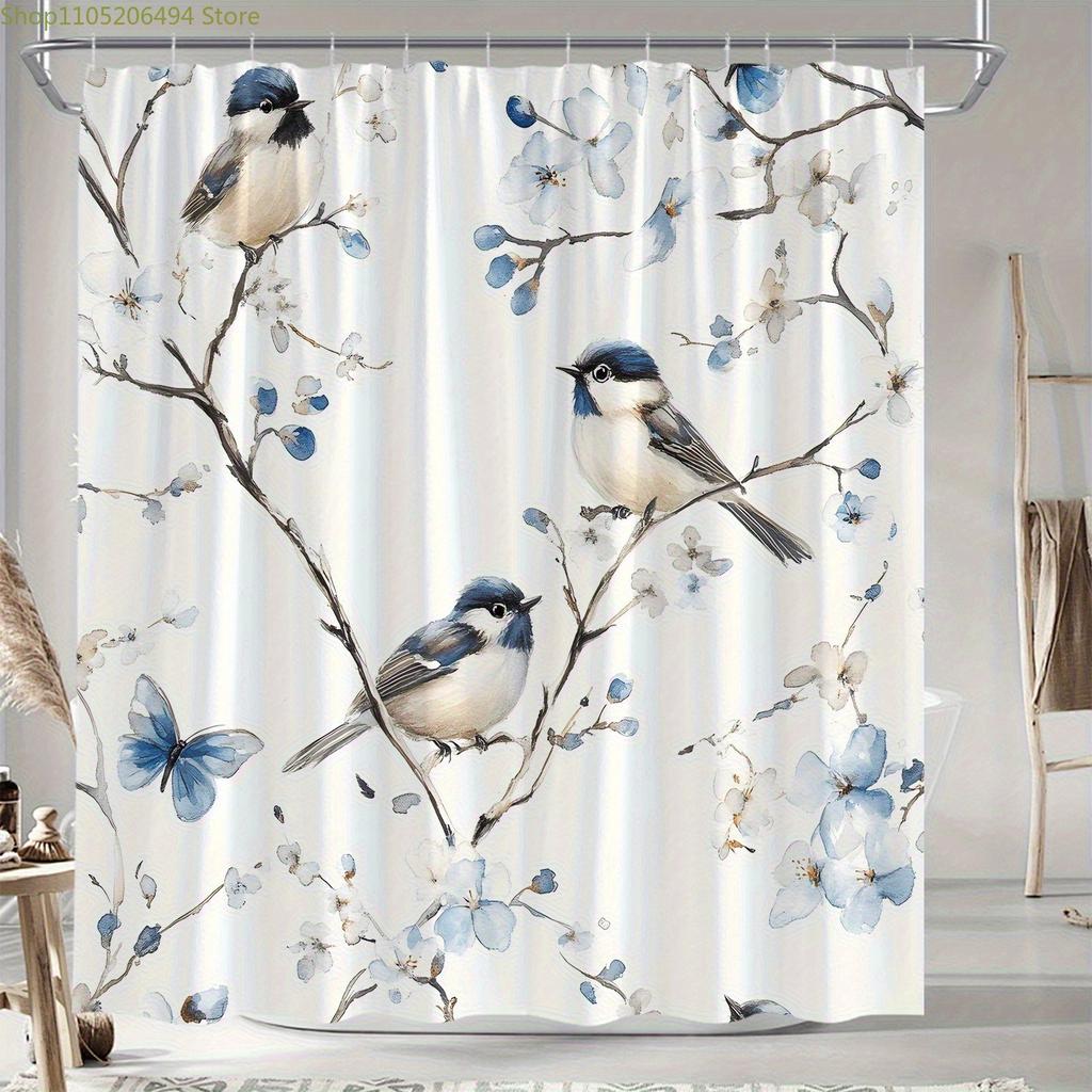 A Bird Flower Print Shower Curtain, Digitally Printed, Suitable for All Seasons, Artistic Design, No-drill Extra-wide Ring Par