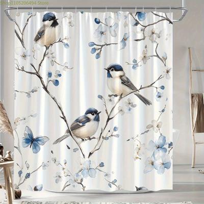 Rideau de douche Imprimé Fleurs et Oiseaux, Imprimé Numériquement, Convient à Toutes les Saisons, Design Artistique, Anneau Extra-large Sans Perçage Par