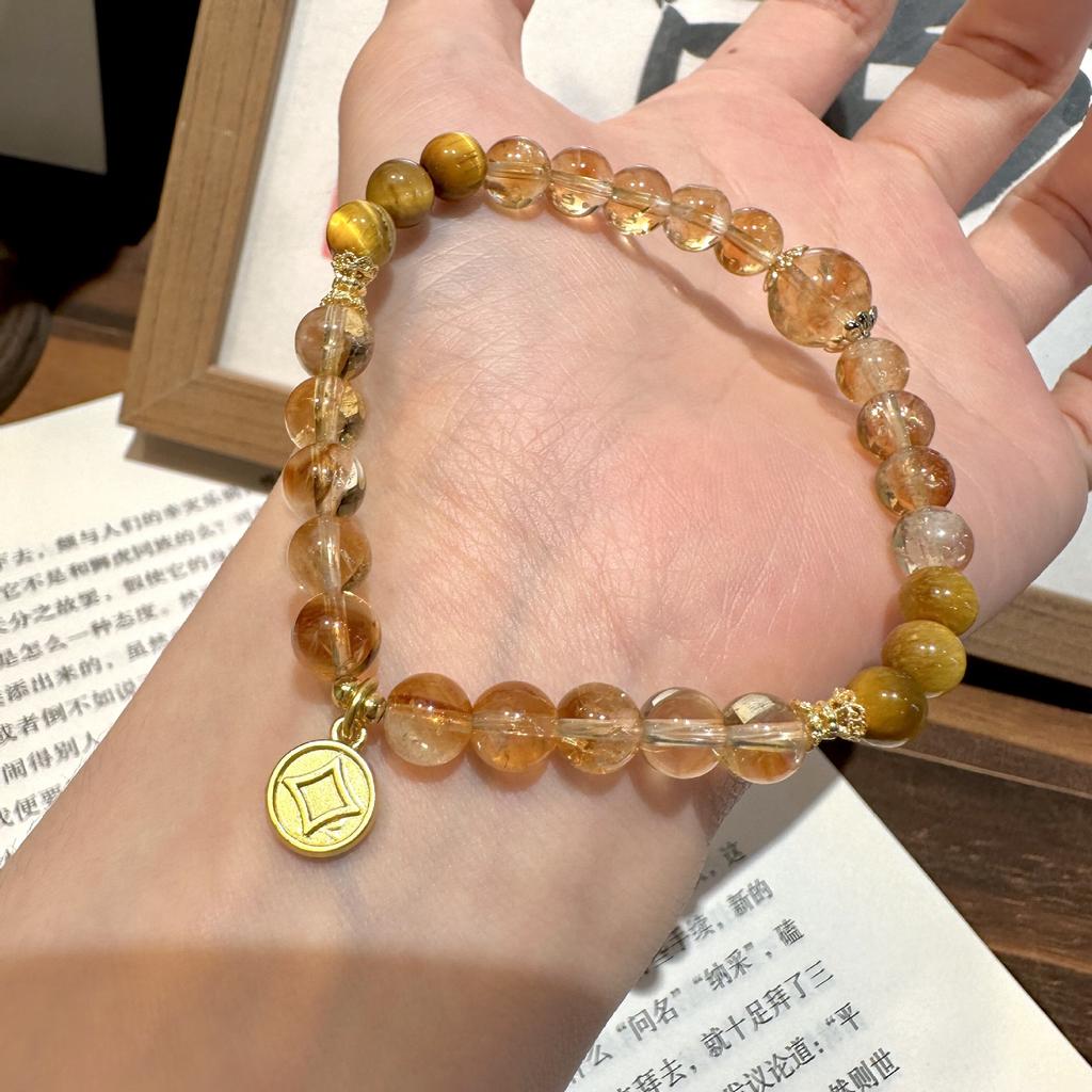 """Zehn Meilen des Glücks"" Text Neuer Chinesischer Stil Gelber Kristall Tigerauge Stein Perlenarmband Vielseitiges Mehrschichtiges Armband"""