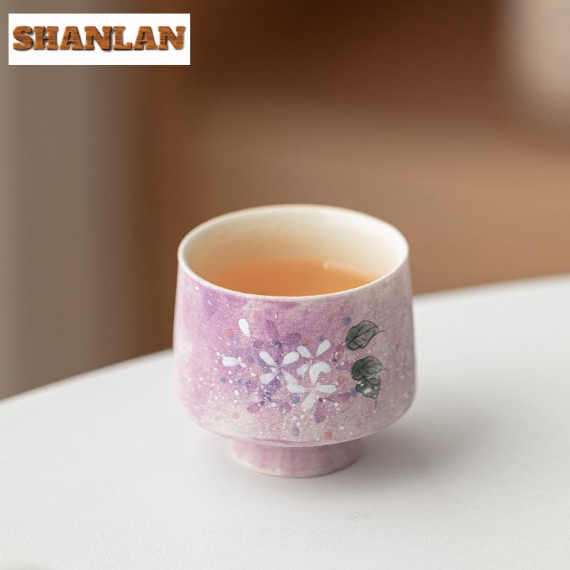 2pc/lot Hand-painted Hydrangea Purple Scales High Foot Teacup Tea Bowl Mug Tea-tasting Fragrance Cup Chazhan Master Cups 60ml