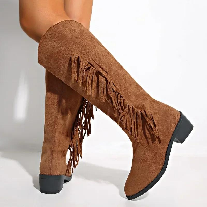 2025 New Ladies Shoes Slip-on Women's Boots Tassel Modern Boots Women Sexy Pointed Toe Plus Size Solid Knee-High Boots