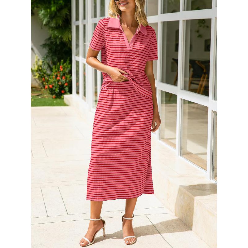 2026 Summer New Women's Fashion Casual Turn-down Collar T-shirt and Slit Skirt Set