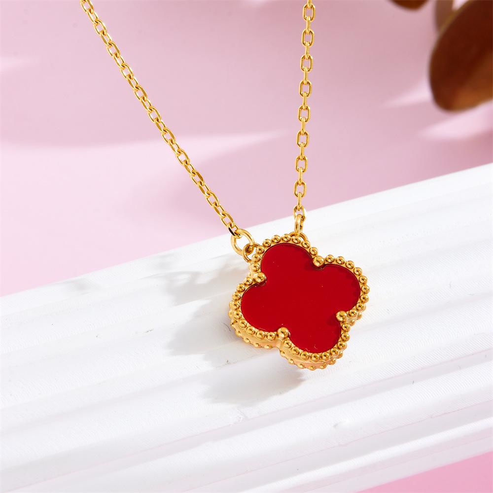 Weiße Perlmutt Glückskleeblatt Wendehalskette Damen Titanstahl Leichte Luxus Nischen-Schlüsselbeinkette