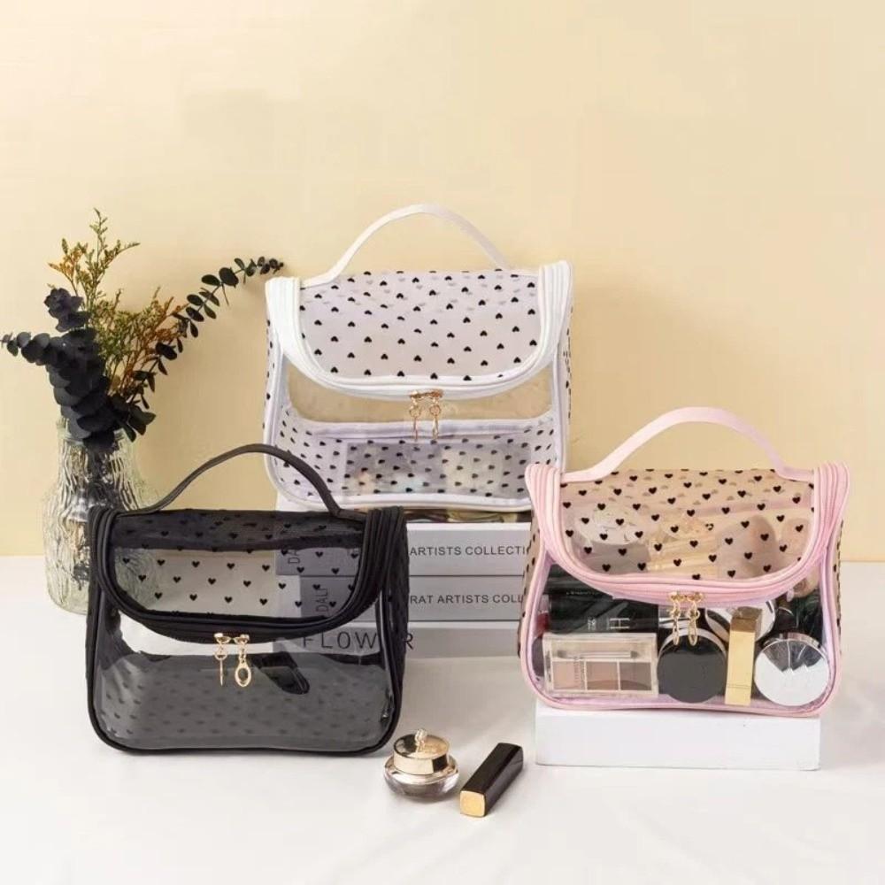 Portable Large Capacity Mesh Makeup Bag Heart Pattern Zipper Toiletry Organizer Transparent Storage Bag Outdoor