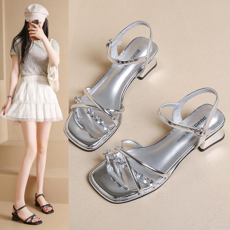 French open-toed rhinestone sandals 2025 summer new fashion outer wear thick heel square head one-word buckle with skirt women's shoes