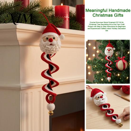 Winter Yarn Crafts for Family Christmas Spiral Crochet Kit, DIY Snowman Santa Craft Holiday Knitting Supplies Adults Handmade Hanging Ornament