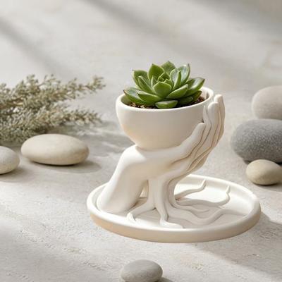Avuç İçi Şeklinde Sukulent Saksısı 3D Baskılı Şekilli Drenaj Tepsili, Doğal Edebi Tarz Masaüstü Dekorasyonu İçin, Mini Çiçek Saksısı, Küçük Masaüstü Bitkisi