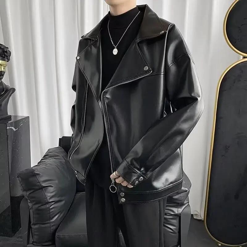 Giacca Biker Nera da Uomo Moda Autunnale Cappotto in Ecopelle Uomo Trendy Casual Giubbotti in PU Maschile Larga Cappotto in Ecopelle Moto