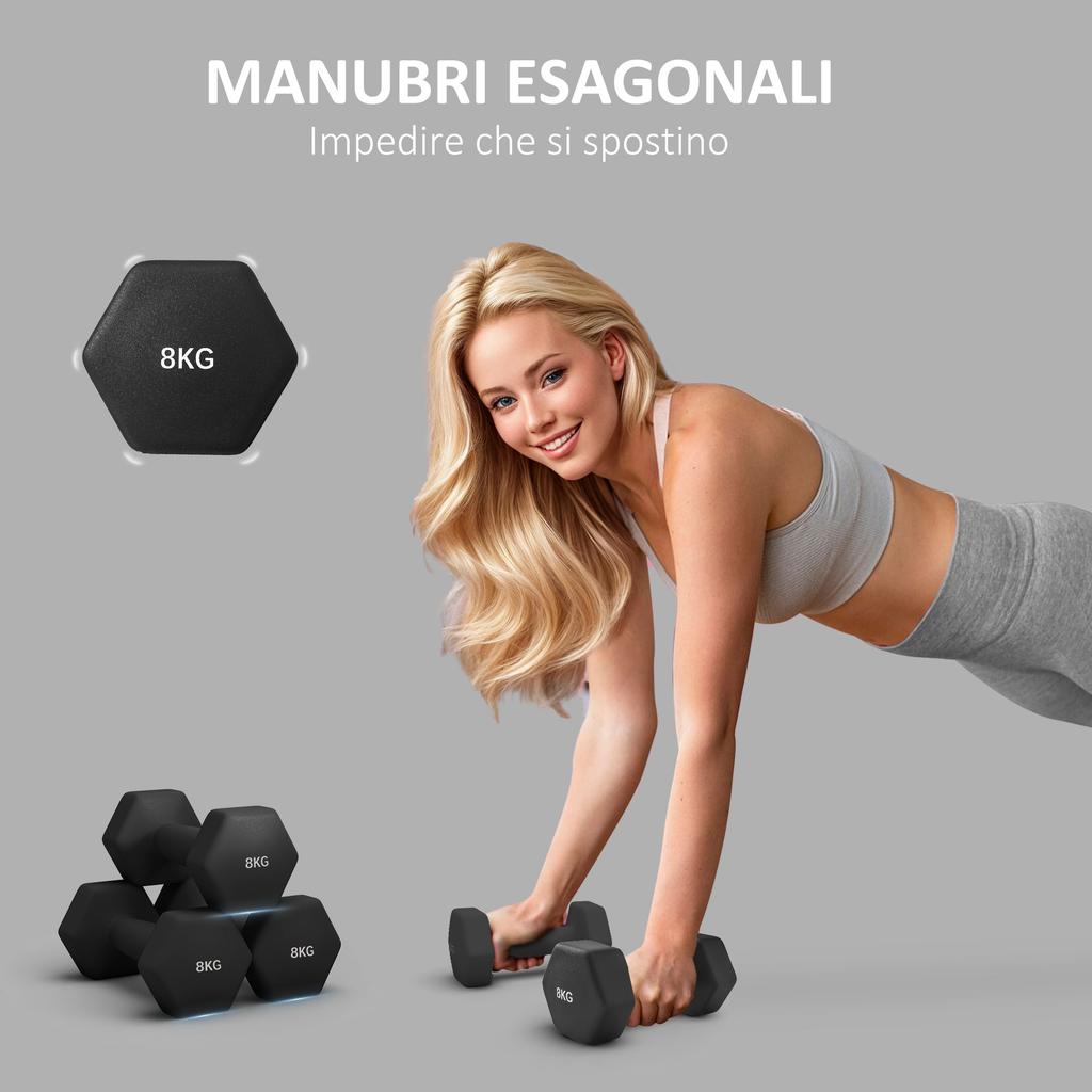 Set of 2 Hexagonal Dumbbells 2x8 Kg In Metal and Plastic with Non-Slip Grip, 24x11x11 Cm, Black
