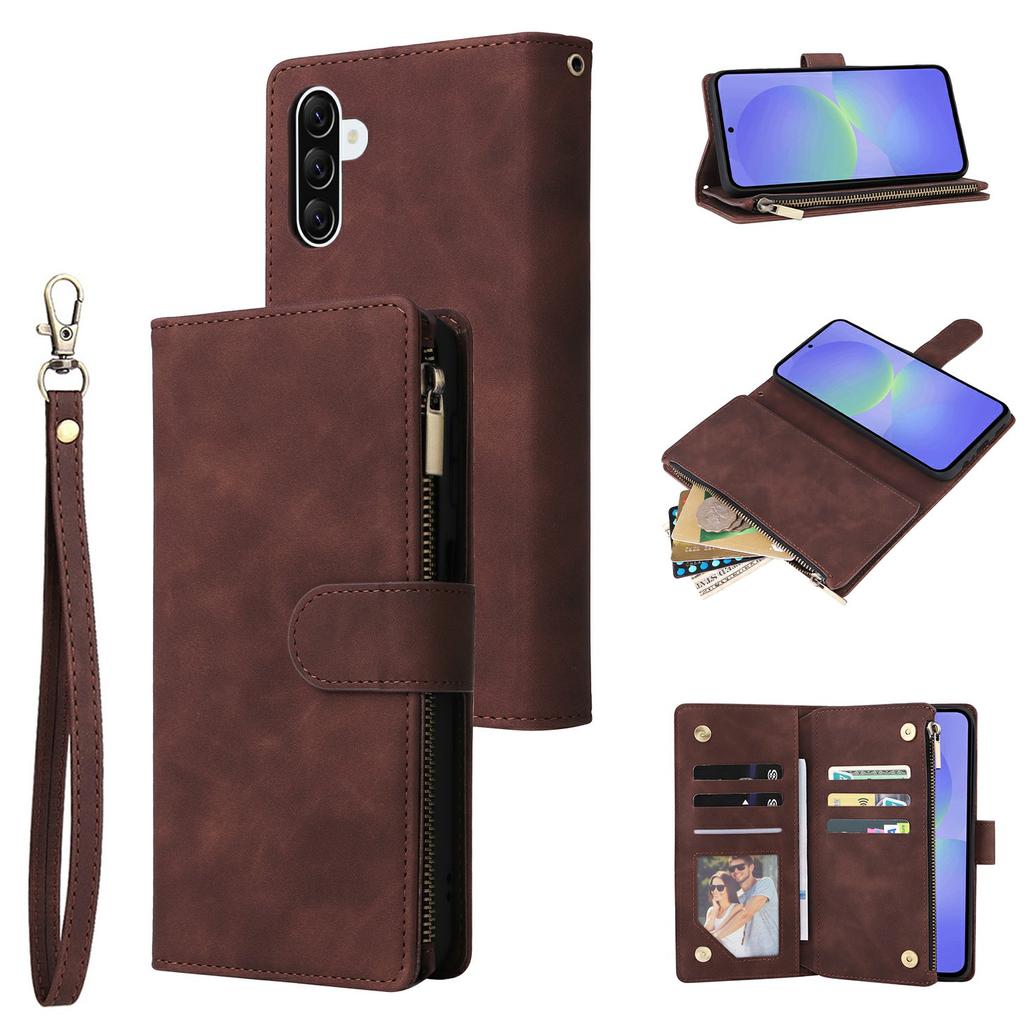 For Samsung Galaxy A37 5G Case Zipper Wallet Multiple Card Slots Leather Phone Cover with Wrist Strap