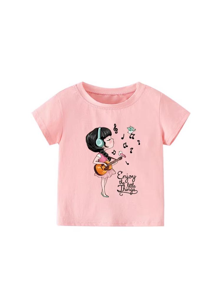 New European Style Girls' Cartoon T-Shirt - Round Neck, Short Sleeve, Summer Wear for Kids