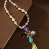 Vintage Four Leaf Clover Pearl Tassel Pendant Western Antique Necklace Versatile Natural Stone