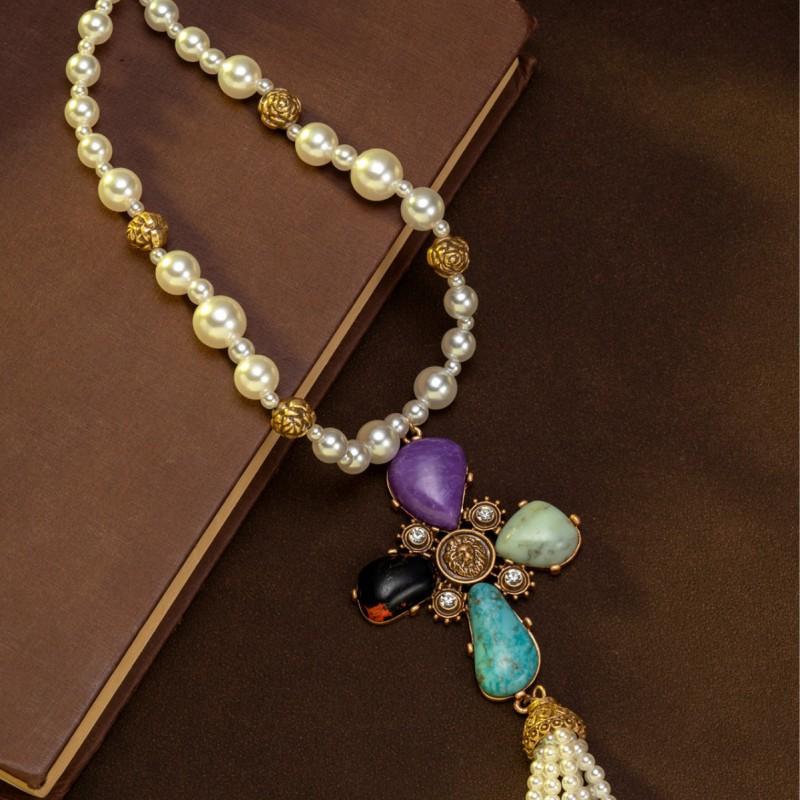 Vintage Four Leaf Clover Pearl Tassel Pendant Western Antique Necklace Versatile Natural Stone