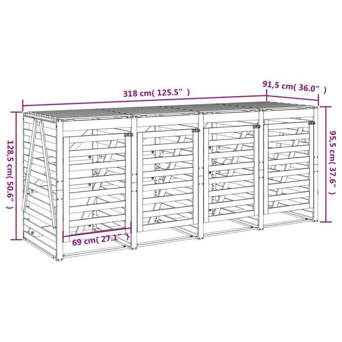 VidaXL Abri pour Poubelle Quadruple sur Roulettes, Cache-poubelle avec Porte et Couvercle, Hangar à Poubelles avec Rangement 3157701