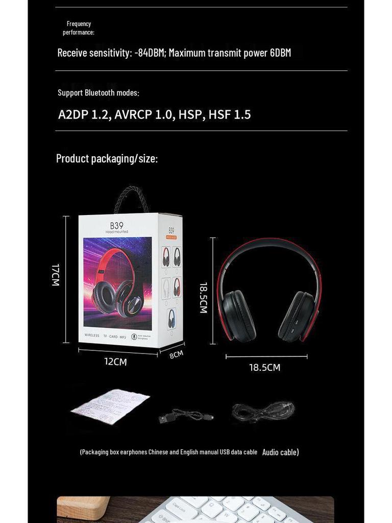 New B39 Luminous Wireless Bluetooth Headset: Foldable, Head-Mounted, Call-Ready, with Plug-in Card Feature