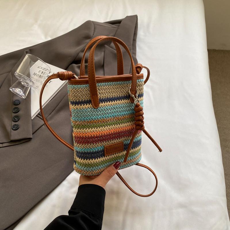 IELGY Straw Messenger Bag Striped Portable Mobile Phone Bag
