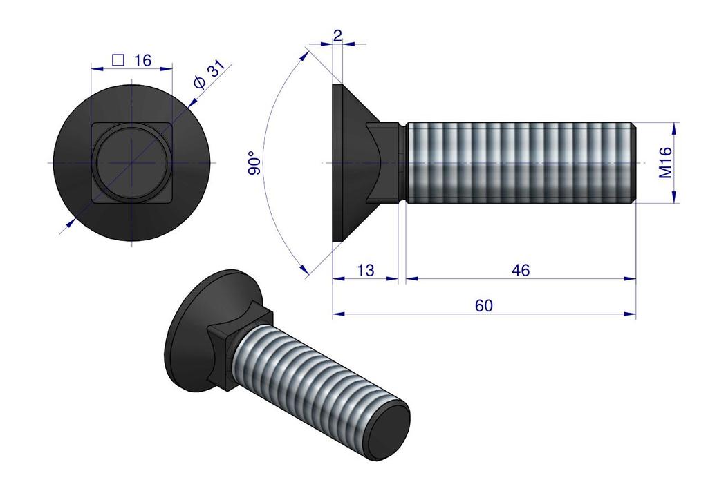 Complete Plow Bolt with Support D 608 M16x60 Class 10.9 Waryński (sold In Packs of 10)