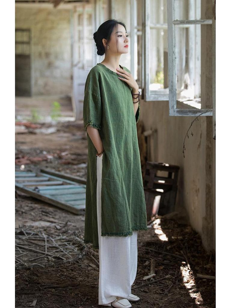 Frühling/Sommer Damen Baumwolle Leinen Fünf-Ärmel Ramie Zen Kleid