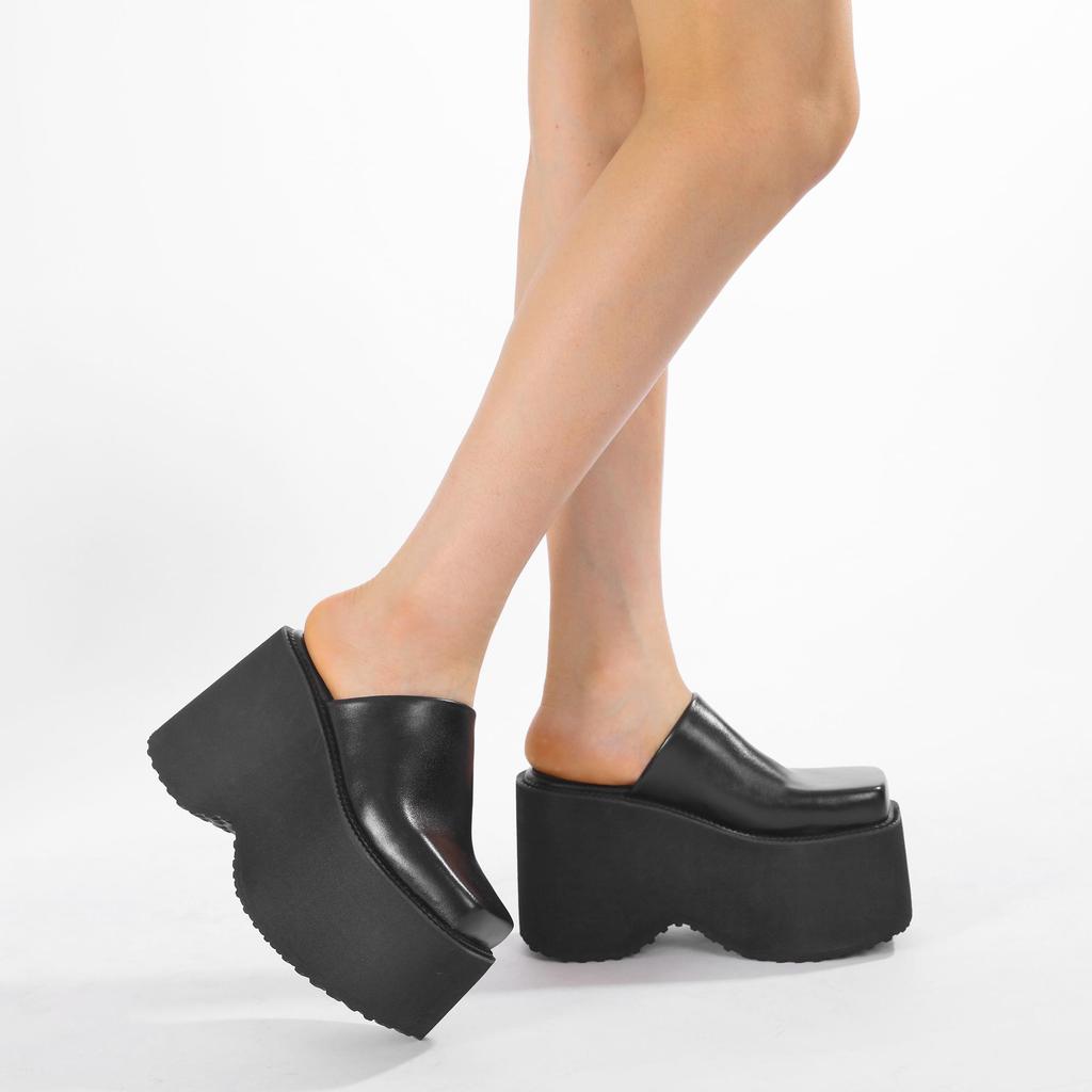 Gdgydh Fashion Square Toe Platform Mules Black PU Slip-On Loafers Thick Heels Comfortable Summer Footwear for Women Slippers