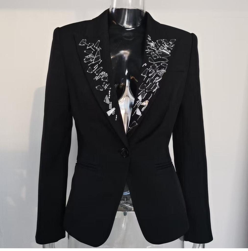 2025 Autumn New V-neck Black Blazer with Heavy Beading and Waist-Cinching Design