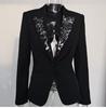 2025 Autumn New V-neck Black Blazer with Heavy Beading and Waist-Cinching Design