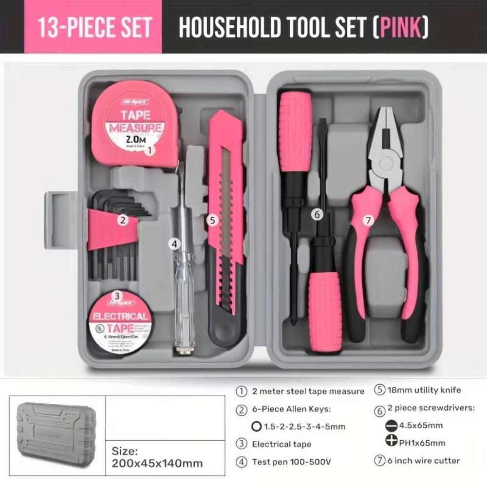 Durable Pink/Yellow DIY Tool Kit Household Compact Hand Tool Kit Metal Toolbox Home Use