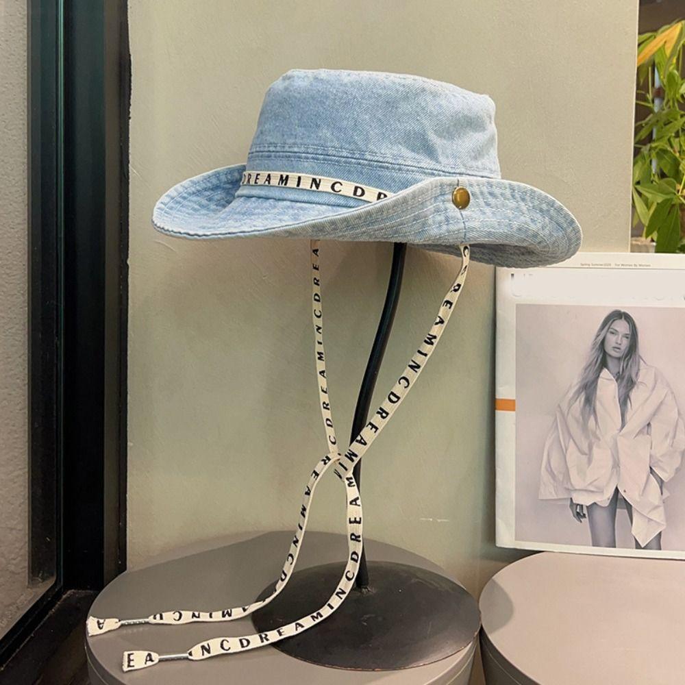 Letter Denim Bucket Hat With Tie Belt Sunscreen Hat Sweet Jeans Fisherman Hat Outdoor